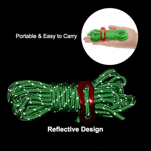 4mm Tent touw, 12Pcs 6.5ft Reflecterende Guy Touw koord gebonden touw Paracord Cord Camping Touwen met Rode Aluminium koord Richters voor Camping Wandeltent, Groen 3
