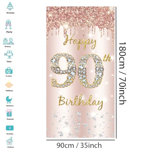 90e verjaardag decoratie vrouwen, gelukkig 90e verjaardag deur Banner Rose Gold,90e Verjaardagsstof Tekenposter Deur Decoratie,90e verjaardag achtergrond Banner Dames,Vogelfeest Welkom Teken 3