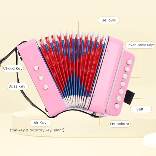 7 Button Accordeon voor kinderen, riem gesp ontwerp, ABS materiaal, beginners knoop accordeon met gids en lied set (PINK) 4