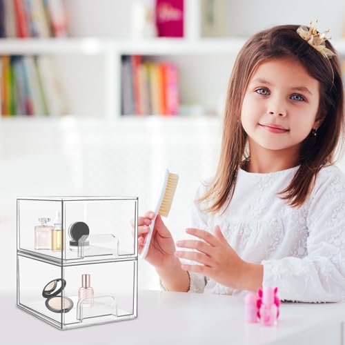 2 stuks Stapelbare opslagladen Make-up Organisator Opslag laden, 19 x 15.2 x 16,7 cm, Plastic Cosmetic Badkamer Organizer, Duidelijke Lade Organisator, Acryl Organizer, met 16 Non-Slip Mat (A) 5