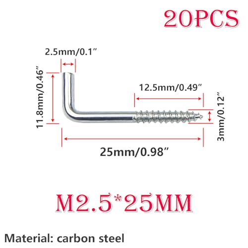Verpakking van 20 schroefhaken, L vorm haak schroeven, L vorm haak, Rechthoekige koolstof stalen schroeven voor opknoping objecten, M2.5x25mm