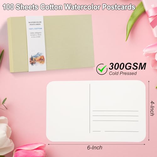 100 vellen Aquarel ansichtkaarten, 100% Katoen 100 x 15cm Blank afgeronde hoeken Aquarelpapier Postkaarten Koud geperst voor het versturen van kunst Schilderen Tekenen, 150 lbs/300g/m2 (Beige Box)