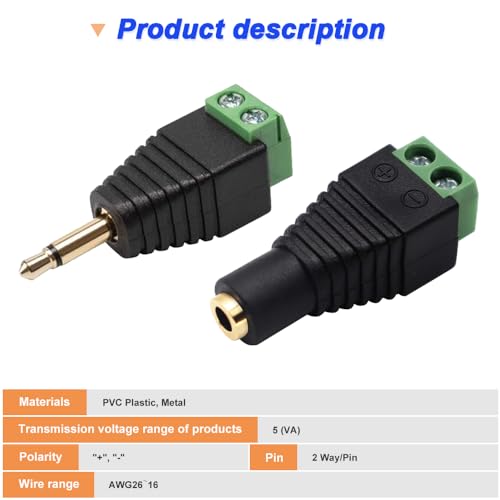 3,5 mm schroefklem verguld, 1/8" TS mono stekker tot 2-pins schroefklem met 1/8" TS mono stopcontact op 2-pins schroefklem, Balun soldeervrije converter met schroevendraaier
