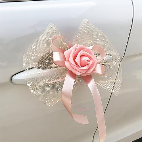 4 Stuks Auto sieraden Bruiloft Auto decoratie Rozen Bloemen Decoratieve Bow Ready Made Bow Car Bows Antenna Bows voor bruiloft Decoratie Achterzicht Spiegel Deur Handvat Decoratie Bloemen Champagne