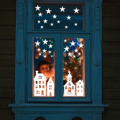 6 Vellen Groot formaat Kerststerren Stickers Herbruikbare Xmas Building Window Clings PVC Static Zelfklevende Sticker voor Kerstmis Winter Decoraties Party Ornamenten 3