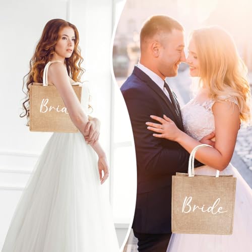 Bruidstas, minimalistische en betrouwbare Jute Tote Bag, Hen Party Bag, Bruidstas, bruidscadeau zak, bruids douche Cadeautas, Geschikt voor levensmiddelenwinkel, Picknick, Strand vakantie, Bruin, Bruin, L 5