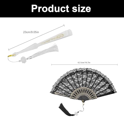 Verpakking van 2 Lace Tassel Ventilator zwart wit Vouwhand Ventilator met hanger voor ballen, partijen, seminars, bruiloften