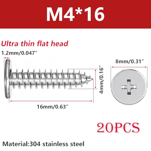 20 st. Dun zelftappende schroeven, kruiskop plat hoofd, 304 roestvrij staal, M4 x 16mm, houtschroeven voor reparaties
