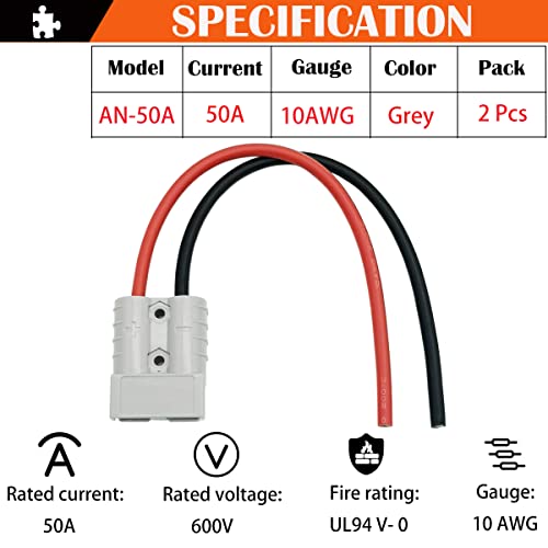 Batterijaansluiting 50A Plug, Accu Quick Connection/Separatorplug, met 10 AWG 25 cm Siliconendraad (2 Sets, Grijs) 4