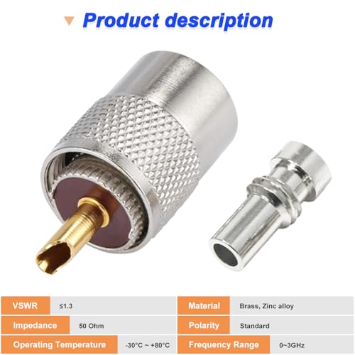 PL-259 UHF-stekker met teflon soldeeraansluiting, 50 ohm, met reductor voor RG8x, RG8, RG59, LMR-400, RG-213 coaxkabel (6 stuks)