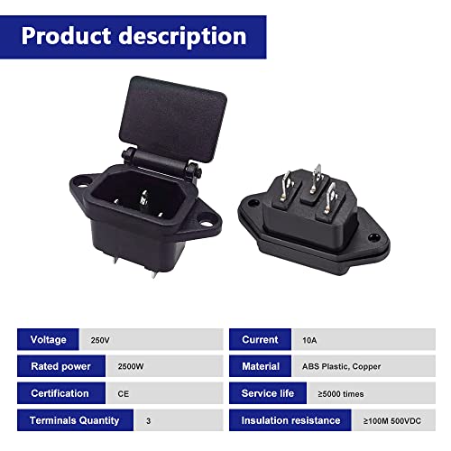 C14 Switch Panel Adapter AC 250V 10A IEC 320 3-Pin Schroef Montage Module, Power Connector met Cover, Split, Quick Split, Wire Caps (Pack van 35)