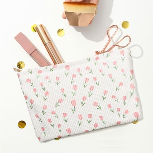 Cosmetic Bag Toiltry Bag Makeup Bag - Cosmetic Bag met bloemen patronen - Toiletartikelen Bag Dames met rits - Kleine cadeautjes voor vrouwen en meisjes, wit met tulpen, modern 5