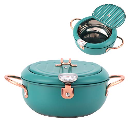 Tempura Deep Frying Pan met thermometer en olie collectie Rack Japanse roestvrij stalen ovenschotel voor inductie kooktoestel voor frituur kip, friet, vis en garnalen Deep Green