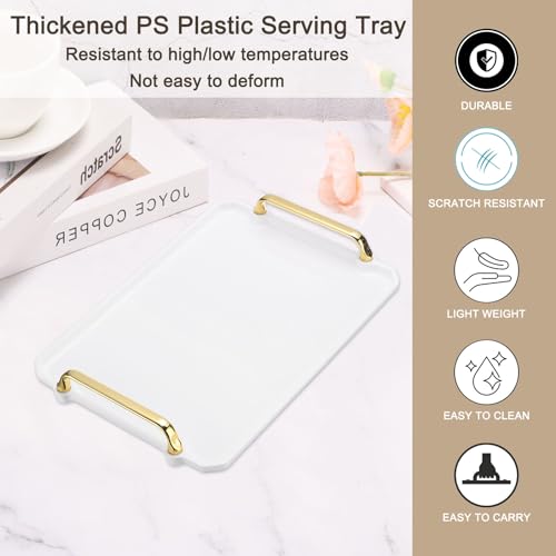 30x20cm Plastic tray met gouden handgrepen, herbruikbare tray Rechthoekige feestschotels voor dessert, koffietafel, woonkamer keuken countertop, wit 3