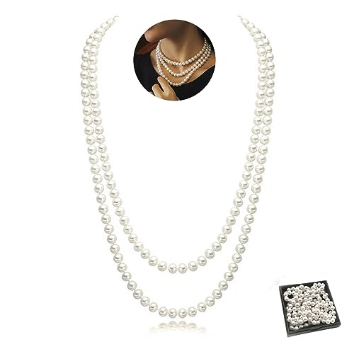 Parel ketting voor vrouwen, 150cm/59 inch Fashion Faux Lange Parel ketting, 20s Ronde Parel ketting, ketting, kostuum sieraden voor vrouwen, met een garen tas en sieraden doos, glas, glas