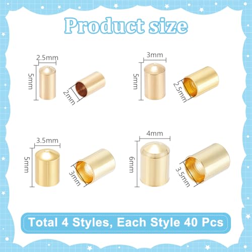 4 maten 160 stuks Messing Cord Caps voor koorden, ketting, armbanden, oorbellen, sieraden maken, 2.5/3/3.5/4 mm, goud