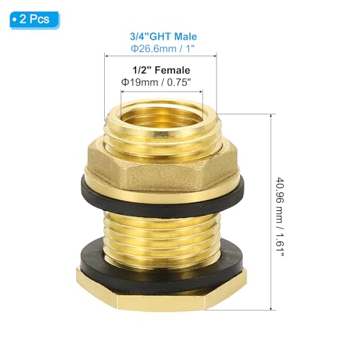 Messing Bulkhead passen met Plug 2 st 1/2 inch NPT vrouw x 3/4" GHT Man, Tuinslang met dubbele schroefdraad Bulkhead Water Tank Connector voor regenemmer, wasbakken, aquaria