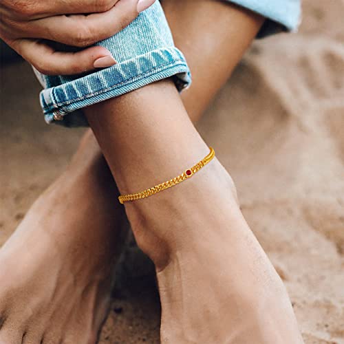 Gouden ronde hart enkel armband met geboortesteen voor vrouwen, 12 maanden Sparkling Crystal Enkelband Anniversary sieraden voor haar, verjaardag ketting voor moeder dochter, steen, synthetische robijn 3