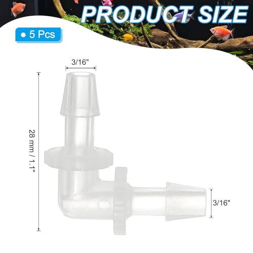 3/16" kunststof slang Barb 90 Degree Elbow, 5 Pack L-Barb Fittings 2-Way Equal Barbed Joint Connector Splicer Mender slang Adapter Union Adapter voor Aquarium brandstofgas vloeibaar