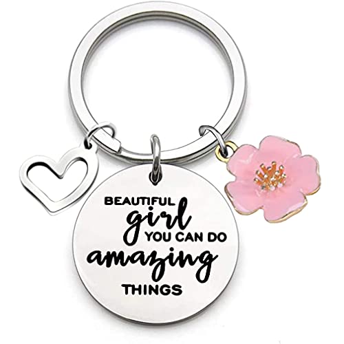 Inspirational Birthday Keychain "Mooi meisje, je kunt geweldige dingen doen" Sleutelhanger voor dochter, zus, vriendin, familie, 13. 14. 15. 16. 17. 18e verjaardag geschenk meisje, zilver, M, zilver