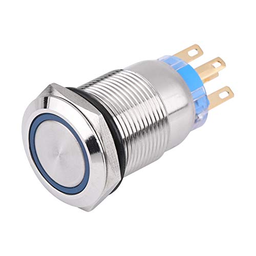 Zelfvergrendelende knop 19mm 12V LED waterdichte Roestvrij Zelfvergrendelende drukknopschakelaar aan/uit slotknop 1NO1NC (blauw)-12V Waterdichte knop