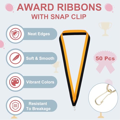 Award Neck Ribbons, 50 Pack Polyester Medal Lanyards met Snap Clip Blanc Award Ribbon voor wedstrijden Performance Sport Party, Geel/Zwart 3