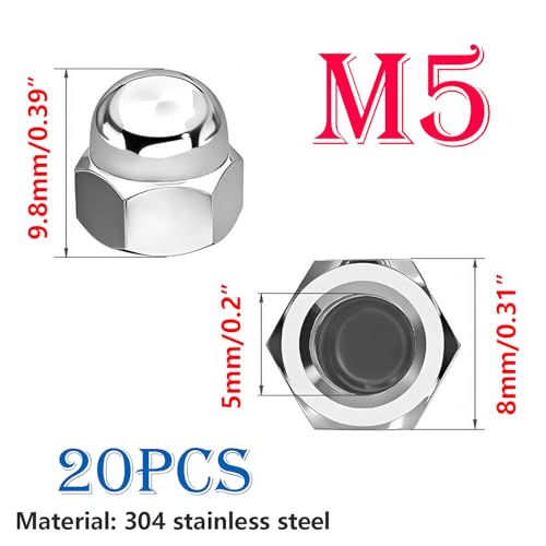 Verpakking van 20 Roestvrij stalen Socket Noten M5 Hex Socket Noten DIN 1587 Cap Noten voor Schroeven, draadstaven en Threaded Bolts