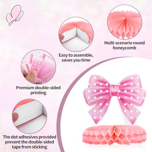 9 st Pink Bow Honingraat Middenstukjes, Bowknot Centers voor tafel roze Bow Paper Cutouts Coquette verjaardag decoraties voor meisjes vrouwen bruiloft bruidsdouche engagement 4