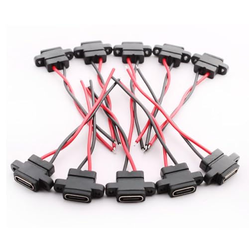 Pak van 10 waterdichte USB-C socket, 2-draads ingebouwde Type-C aansluiting, USB-C connector voor paneelmontage, 3A, snel opladen Type-C aansluiting, USB-C pigtail kabel, USB-C plug naar 3