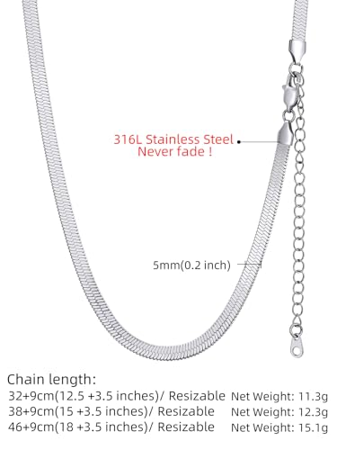 Vlakke slangenketting van roestvrij staal, 3 mm, 5 mm, platte slangen, eenvoudige ketting zonder hanger, meerdere lagen, geschikt in zilver/goud/rose goud, 32 cm, 38 cm, 46 cm + 9 cm 5