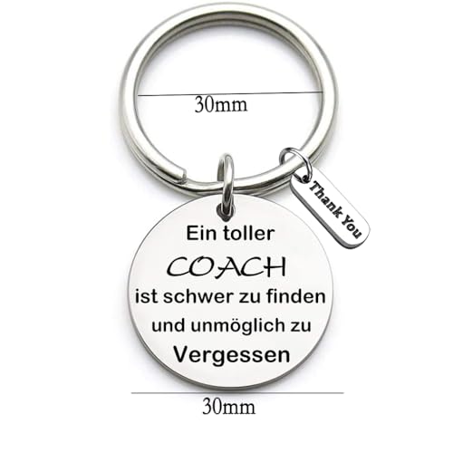 Roestvrij stalen sleutelhanger met gravure "Ein Toller Coach ist schwerzu find und impossible to forget" Sleutel Ring Teacher Coach Keychain Gift voor Lerarendag, Zilver, M, zilver