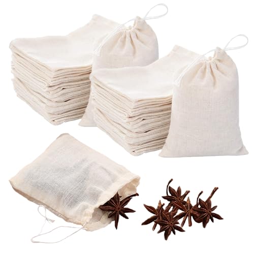 50st Katoenen Muslin Tassen met koord, kleine katoenen zakjes, herbruikbare theezakjes, trekkoord Brew Tassen, Wasbare Bag met Infusers voor Spice, Thee, Koffie, Kruiden