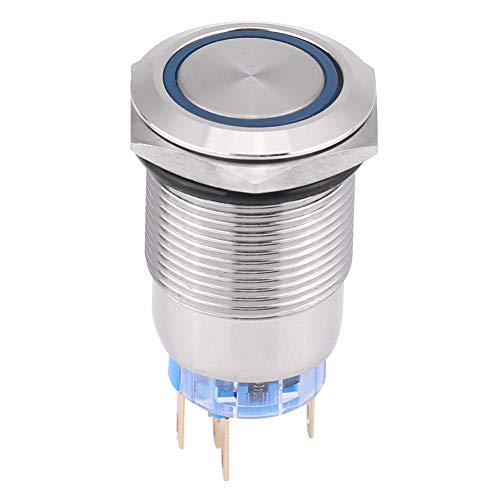 Zelfvergrendelende knop 19mm 12V LED waterdichte Roestvrij Zelfvergrendelende drukknopschakelaar aan/uit slotknop 1NO1NC (blauw)-12V Waterdichte knop