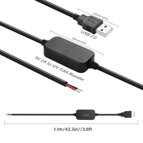 2 stuks DC Boost-kabel, 5V tot 12V, 22AWG, USB 2.0 Plug tot Bare Cords, voor camera's, miniluidsprekers etc. - 110 cm 5