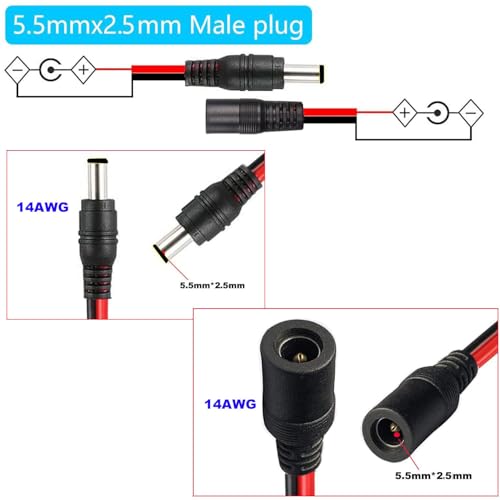 3m 14 AWG 2.5mm x 5.5mm Uitbreiding Kabelvermogen Kabel DC Plug naar Bus Connector, 12V 10A DC voeding Connector voor videobewaking CCTV Camera LED 4