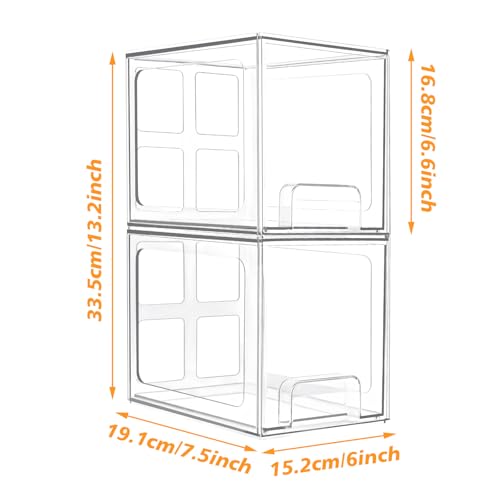 2 stuks Stapelbare opslagladen Make-up Organisator Opslag laden, 19 x 15.2 x 16,7 cm, Plastic Cosmetic Badkamer Organizer, Duidelijke Lade Organisator, Acryl Organizer, met 16 Non-Slip Mat (A)