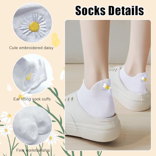 Sneaker sokken voor vrouwen, 4-7, 7 paar, Weekly, schattig geborduurd Daisy enkelsokken, ademende katoenen sokken voor vrouwen meisjes, wit, 4-7, wit 4