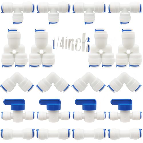 RO Water Filter Fitting, 1/4" Pushfit Straight Connector voor waterleiding, Duw in om Water Tube Fitting Set van 20 (Y+T+I+L Type Combo + Shut-Off Valve)