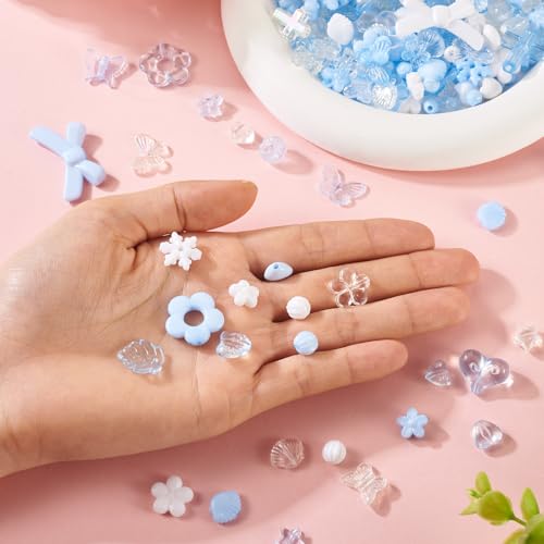 100g Diverse Acryl kralen Bloem Kralen Caps Bow Butterfly Heart Leaf Esthetic Craft Kralen Bulk voor armband sieraden maken, Cornflower blauw & White 5