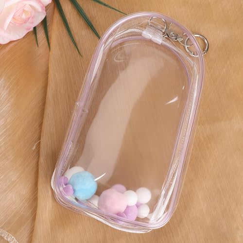 Display Tas voor poppen, 19,5 x 10,5 cm Waterdicht PVC Draagtas met poms en sleutelhanger Transparante figuur Display Bag voor Doll (Paars) 3