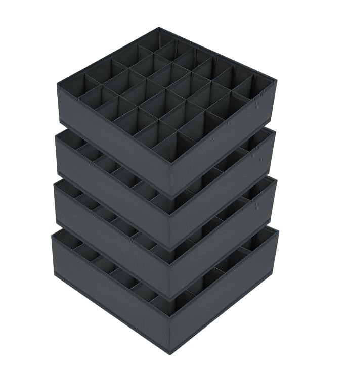 Verpakking van 4 Opbergdozen voor sokken en ondergoed, 24 Compartiments, Opvouwbare dozen (Opvouwbare doos, Lade Divider, Lade Organizer, Fabric Boxen voor het opslaan van sokken (Dark Grey)