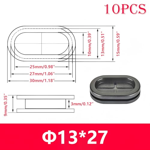 Verpakking van 10 Rubber Grommets, 13x27mm Grommets, Oval Wire Grommets, Double Sided Rubber Hole Plugs Grommets, Black Rubber Hole Plugs voor Draadkabel