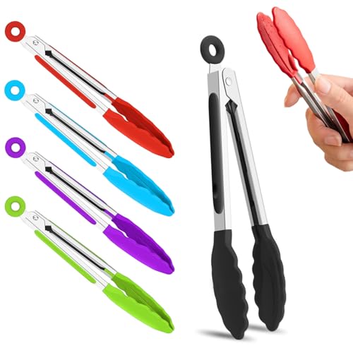 Siliconen Keuken Tongs, 5 stuks Mini Tongs voor Keuken, Barbecue Tongs Kleine, 7 Inch Barbecue Tongs, Siliconen roestvrij staal, Roastende Tongs, Koken Tongs, Serveer Tongs, Meat Tongs, Salade Tongs