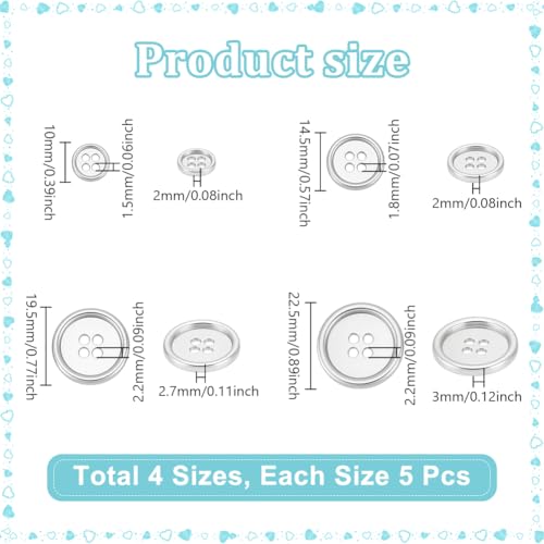 20 stuks 4 maten 4-gaats zinklegering knoppen, platte ronde metalen naaiknop voor pak shirts jassen kleding decoratie ambacht, platina, diameter: 10-22,5 mm