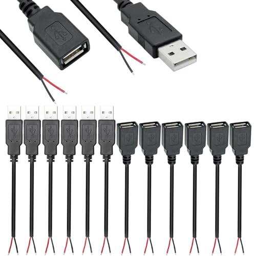 12st Pigtail USB, 2 Wires USB-A, Bare Wire, USB-A Man, Vrouwelijke Plain Wire, USB 2.0 Kabel om te baren kabel, 22 AWG DIY Pigtail Power Kabel, voor USB-apparaten