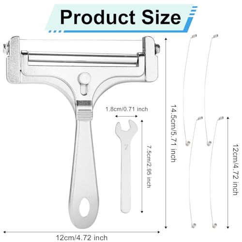 Cheese Slicer Set, verstelbare Dikte Iron Hand Cheese Slicer met 4 extra Wires en Key Food Cutter voor Butter Cheddar Mozzarella (Frosted Silver)