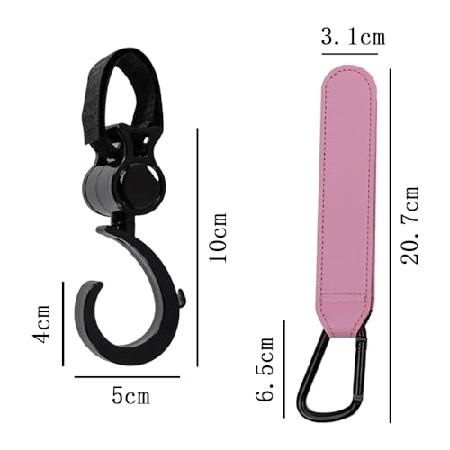 4Stuks kinderwagen Hook Clips, lederen stijl Pram Hooks 360 Degree draaibare Baby kinder kinder kinderwagen Hooks Heavy Duty kinderwagen Hook Clips Universele Buggy Clips voor rugzak luiertas handtas (Roze)