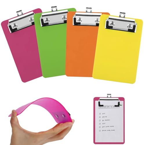 Pak van 4 klembord klembord A6 Plastic klembord klein met rubber metalen klem en hangoog, draagbare klemborden voor kantoor, werkplaats, keuken, 15 x 10 cm (oranje, rood, geel, groen)