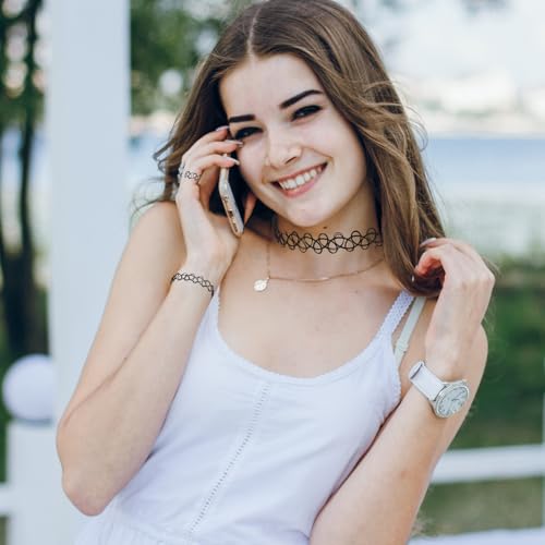 Verpakking van 12 Elastische Kettingen, 4 Sets Stretch Tattoo Choker ketting armband ringen vrouwen Vintage Punk Gothic Tattoo ketting rubber ketting 90s Accessoires voor meisjes en, Plastic, Geen edelsteen 4