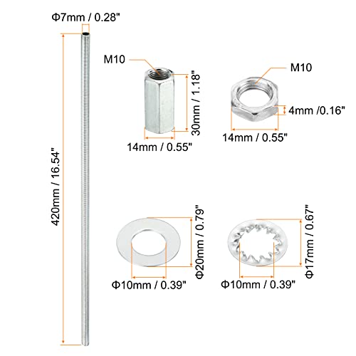 M10 schroefdraad 16.54 inch lampenbuisset met sluitmoeren ringen, bevestigingen assortiment hardware voor kroonluchter plafond DIY licht, zink coating